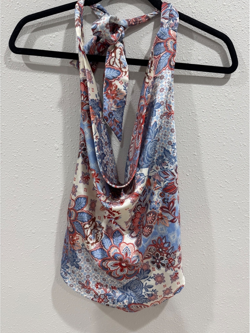 Women’s Floral Paisley Satin Cowl Neck Halter Top Size M Boho Y2K